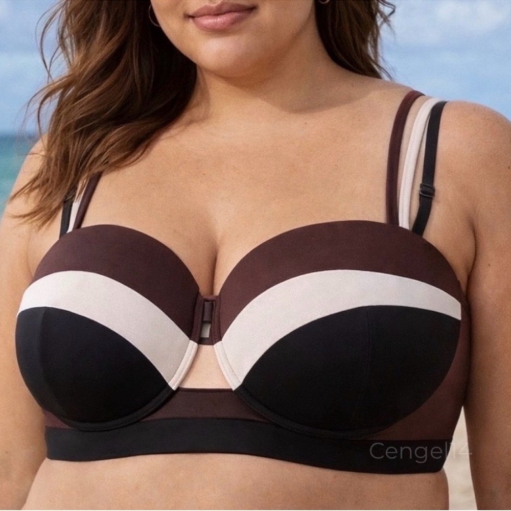 Cacique 44D Underwire Swim Top Colorblock Brown Black NWOT